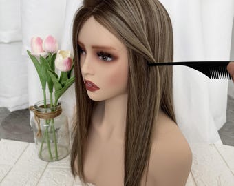 7.5x7.5 Inch hair topper Dark Brown Ash Blonde Highlights silk base area 4X5inch