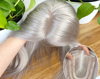 10×15cm Light Silver Human Hair Topper, Mono Net PU Edge, For Loss Women