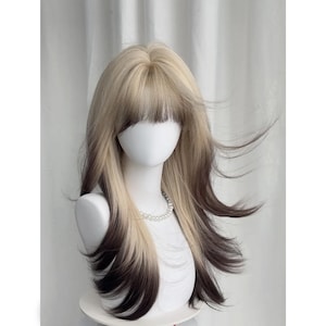 Siamese Ombre Long Layered Synthetic Wig with Middle Part and Curtain Bangs - High-Quality Fiber Full Head Wig