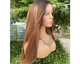 Custom wigs,Natural black ombre brown mix blonde color, 13x4cm HD lace front wigs,human remy hair wigs for women,180% density