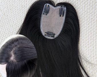 Human Hair Topper with V‑Shaped Hairline, Clip‑in Hand‑Tied Natural Scalp Piece