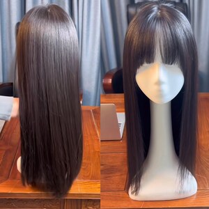 Big size 16x16cm human hair toppers with bangs ,free part full silk based human hair toppers for most of hair loss .heavy hair topper. image 2