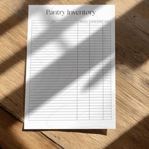 May include: A white paper sheet titled Pantry Inventory with a black printed grid. The header reads Pantry Inventory, followed by columns labeled Item, Quantity, Use By (Date), and Used. The document features multiple horizontal lines for tracking.