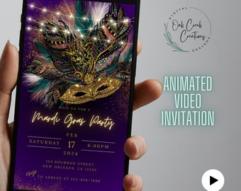 May include: Animated video invitation for a Mardi Gras party with a purple background, gold glitter, and a gold and purple mask with feathers. The text reads "Join us for a Mardi Gras Party" with the date and time of the party.