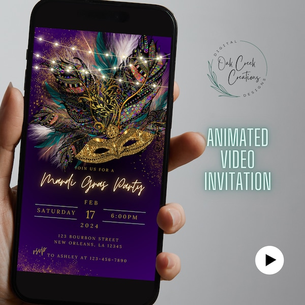 Modèle modifiable d'Invitation à la fête de Mardi Gras, invitation mobile, Evite de soirée vidéo d'animation numérique Fat Tuesday, célébration de Mardi Gras