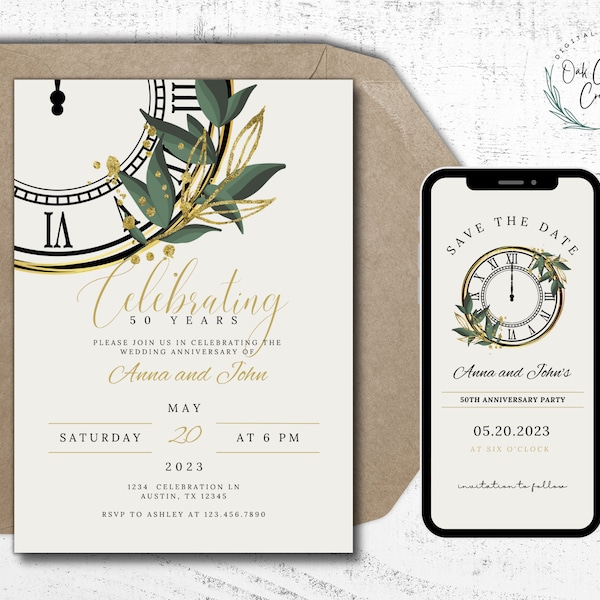 Invitation + Save the Date Set, Clock Theme Anniversary Party, Save the Date editable Evite, Printable Home Made Card, Electronic Invitation