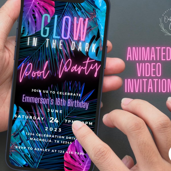 Glow Pool Party digital animated video invitation template, Glow in the Dark Birthday mobile evite, Neon party instant download text invite