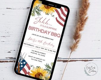 May include: A digital invitation for a surprise birthday BBQ. The invitation features a red, white, and blue American flag design with sunflowers and greenery. The text reads "Shhh... It's a surprise Birthday BBQ. Join us in celebrating Liberty's 40th Birthday. Saturday, July 1st at 5:00 PM. 123 Main Street, Austin, TX 12345. RSVP to Ashley at 123.456.7890."