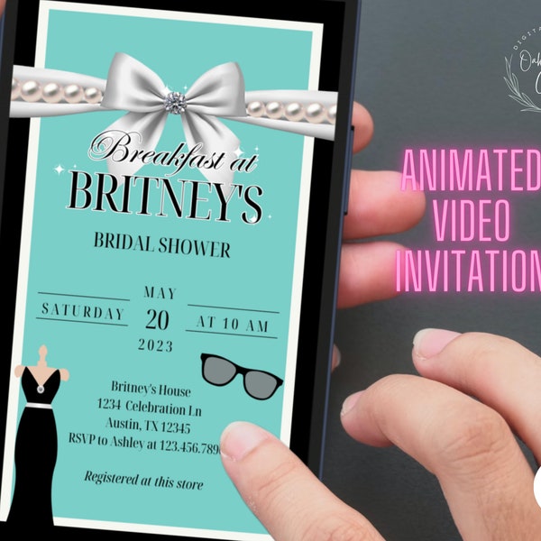 Digital Breakfast at Tiffany's Bridal Shower Template, Brunch + Bubbly Editable Evite, Instant Download, Animated Video Electronic Invite