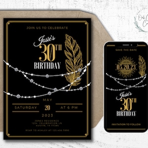 Gatsby Birthday Invitation and Save the Date Template, Editable Great Gatsby Party Invite and Mobile Save the Date, 1920s Instant Download