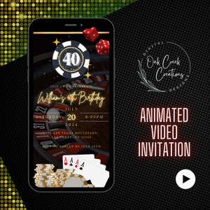 Invitación de cumpleaños de casino, invitación editable para fiesta de adultos, Las Vegas Evite, despedida de soltero con noche de póquer, plantilla de video animado digital