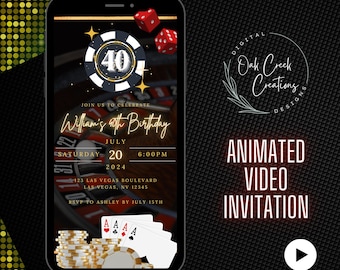 May include: A digital video invitation for a 40th birthday party with a casino theme. The invitation features a roulette wheel, playing cards, and dice. The text on the invitation reads "Join us to celebrate William's 40th Birthday" and includes the date, time, and location of the party.
