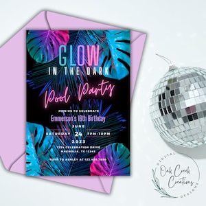 Glow Pool Party 5x7 invitation template, Glow in the Dark Birthday Evite, Neon party instant download printable or text invite