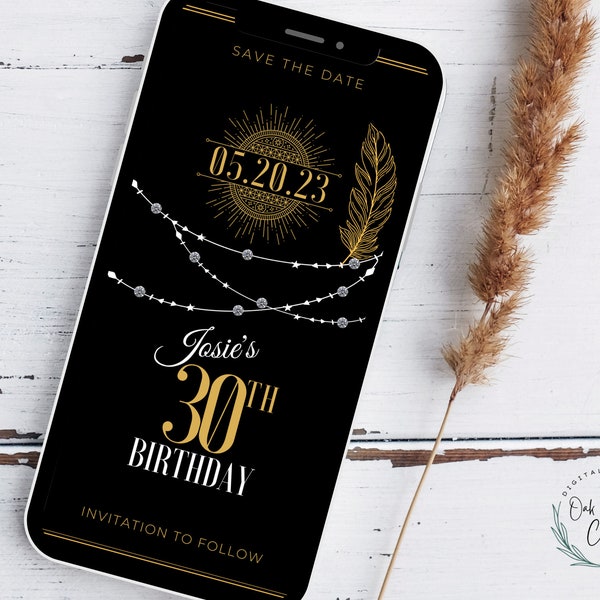 Gatsby Save the Date Birthday Electronic Invitation, 1920's Evite Template, Roaring 20's Party Phone Invitation, Black + Gold Mobile Invite