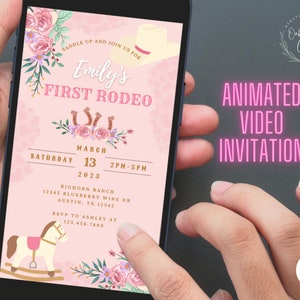 Editable First Rodeo Birthday digital animated video invitation template, Cowgirl Birthday mobile Evite,  Horse Birthday text invite