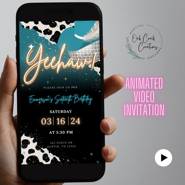 Space Cowgirl Animated Video Invitation, Disco Cowgirl Birthday Party, Rodeo Electronic Invitation, Editable Nashville Mobile Evite Template