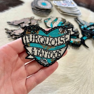 Turquoise Tattoos Western Iron on Patch, Western Rodeo Embroidered Patch, Trendy Trucker Hat Bar, Custom Patch, Yallternative, hat patch