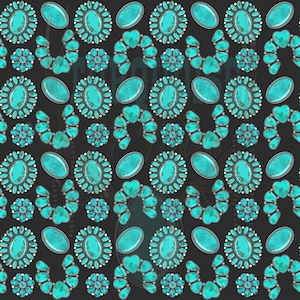 Könnte beinhalten: Ein sich wiederholendes Muster aus türkisfarbenen Edelsteinen und floralen Designs auf dunklem Grauhintergrund. Das Muster umfasst ovale Steine, kreisförmige Designs und gebogene Reihen kleinerer Steine, wodurch ein dekoratives und auffälliges Design entsteht.
