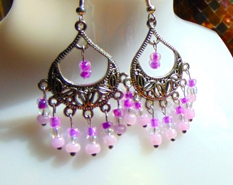 Pretty Pink Chandelier Glass Bead Earrings - Sterling Silver Wires