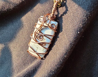 Howlite Stone Necklace Rectangular Pendant - Wire Wrapped - Copper Wire - Chain