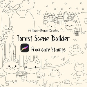 Peut inclure: Une collection numérique de 94 pinceaux dessinés à la main et tampons Procreate intitulée Forest Scene Builder. Le graphique présente des illustrations au trait noir d'une forêt avec un lapin, un cerf, un ours, un renard, des grenouilles, des arbres et une tente.