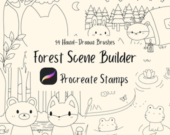 94 Hand-Drawn Forest Procreate Stamps: Woodland Scene Builder (Brushset)