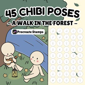 以下が含まれることがあります： 「45 CHIBI POSES - A WALK IN THE FOREST - Procreate Stamps」のテキストが入ったデジタルアートプリント。イラストは、45のちびポーズと、川と花のある森のシーンにいる2人のちびキャラクターを描いています。漫画風。