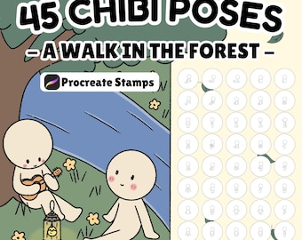 45 timbri di pose Chibi: pose della foresta disegnate a mano (file .brushset di Procreate)