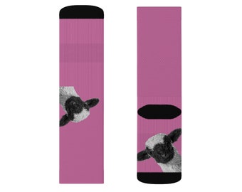 Peek-a-boo Valais Blacknose Sheep/Lamb Pink Adult Unisex Crew Socks High Quality Cushioned Bottoms