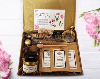 Holiday Tea Care Gift Box - Honey & Dipper, Crystal Sugar, Infuser, Biscotti, Candle I  Personalized Card I Mother's Day I Valentine's Day