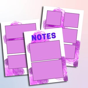 Può includere: Tre schede di note stampabili con uno sfondo ad acquerello in tonalità viola. Le schede hanno un titolo che dice "NOTES" e sono divise in sezioni per scrivere.