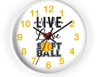 Softball Wall Clock 10". Softball team gift, Leather stitching, Softball diamond, Sports-themed decor, Ball-shaped clock.