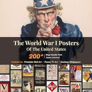 Könnte beinhalten: Eine Sammlung von über 200 Plakaten aus dem Ersten Weltkrieg aus den Vereinigten Staaten. Die Plakate zeigen eine Vielzahl patriotischer Themen, darunter Onkel Sam, der mit dem Finger zeigt und die Menschen ermutigt, sich dem Kriegsaufruf anzuschließen. Die Plakate eignen sich zum Drucken als Wandkunst, zum Einrahmen oder als Desktop-Hintergrundbilder.