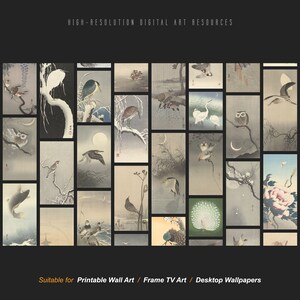 May include: A collection of 24 digital art prints featuring Japanese-inspired illustrations of birds, flowers, and other natural elements. The prints are in a muted color palette of beige, brown, and white.