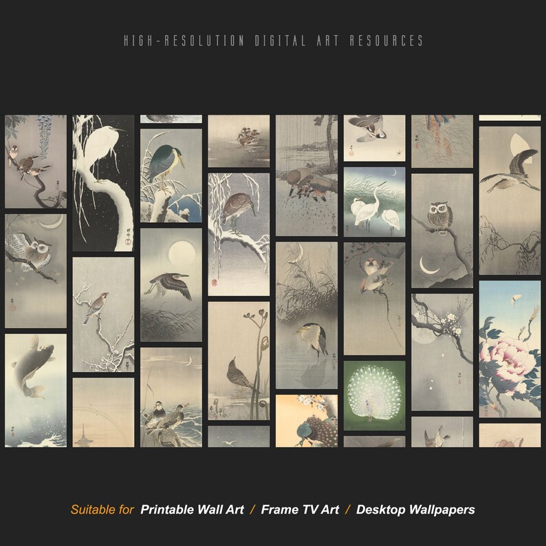 May include: A collection of 24 digital art prints featuring Japanese-inspired illustrations of birds, flowers, and other natural elements. The prints are in a muted color palette of beige, brown, and white.