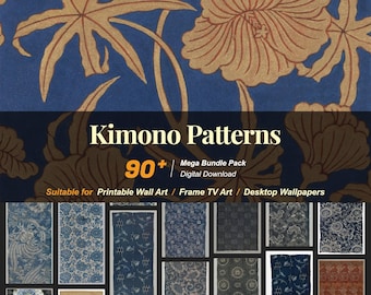 May include: Digital download of kimono patterns. The image features a dark blue background with gold floral designs. The text "Kimono Patterns" is displayed, along with "90+" and "Mega Bundle Pack". Suitable for wall art, TV art, and desktop wallpapers.