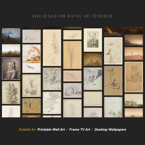 May include: A collage of 25 digital art images, including landscapes, portraits, and sketches. The images are in various shades of brown, gray, and white. The text "HIGH-RESOLUTION DIGITAL ART RESOURCES" is at the top of the collage. The text "Suitable for Printable Wall Art / Frame TV Art / Desktop Wallpapers" is at the bottom of the collage.