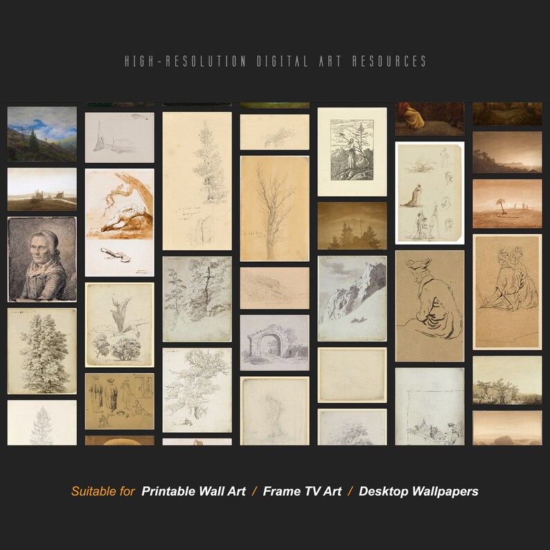 May include: A collage of 25 digital art images, including landscapes, portraits, and sketches. The images are in various shades of brown, gray, and white. The text "HIGH-RESOLUTION DIGITAL ART RESOURCES" is at the top of the collage. The text "Suitable for Printable Wall Art / Frame TV Art / Desktop Wallpapers" is at the bottom of the collage.
