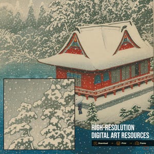 May include: A Japanese-style woodblock print depicts a red building with a snow-covered roof and surrounding landscape. The artwork features a detailed inset of snow-laden trees and the text "HIGH-RESOLUTION DIGITAL ART RESOURCES".