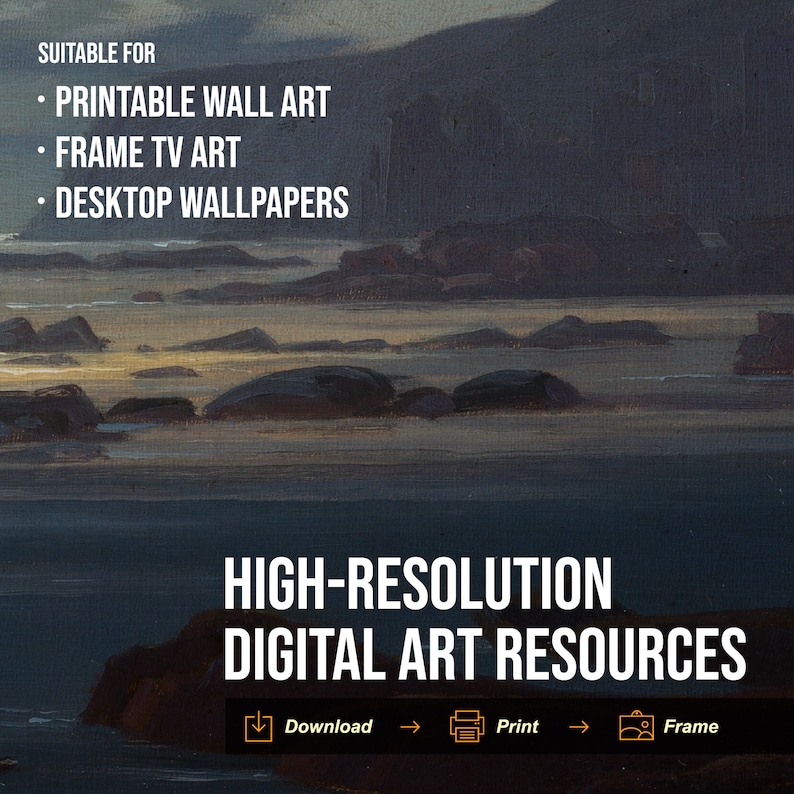 May include: A digital art resource image of a seascape with a rocky shoreline and a calm body of water. The image is suitable for printable wall art, framing, and desktop wallpapers. The text "HIGH-RESOLUTION DIGITAL ART RESOURCES" is displayed at the bottom of the image.