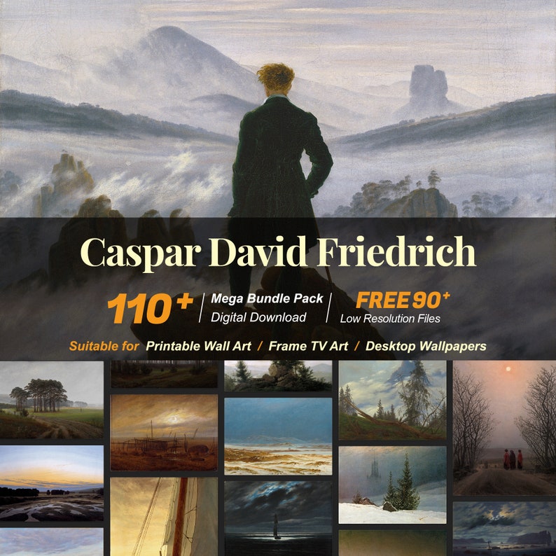 May include: A digital download bundle of over 110+ paintings by Caspar David Friedrich, a German Romantic painter. The bundle includes high-resolution images suitable for printing as wall art, framing for TV art, or using as desktop wallpapers. The image shows a selection of the paintings, including landscapes, seascapes, and portraits.