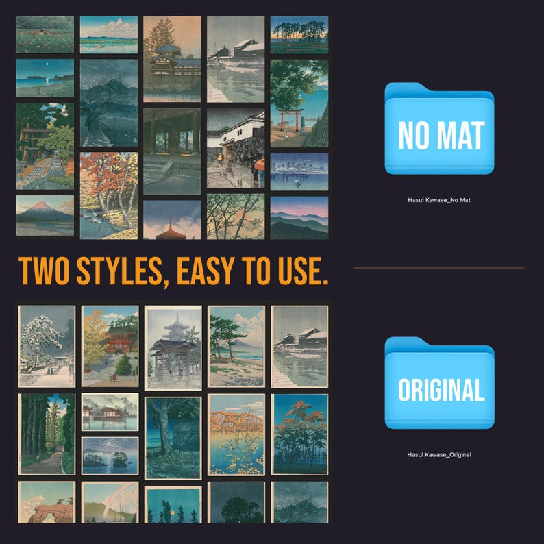 May include: A digital art print featuring Japanese landscape paintings in two styles, "No Mat" and "Original." The image includes a grid of various scenes with text that reads "TWO STYLES, EASY TO USE."