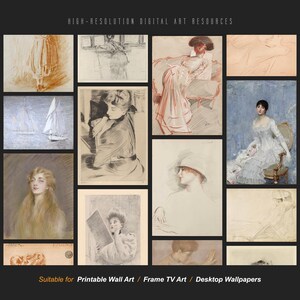 May include: A collection of nine vintage art prints featuring women in various poses and settings. The prints are in black and white and sepia tones, with a variety of textures and styles. The prints are suitable for use as printable wall art, frame TV art, or desktop wallpapers.
