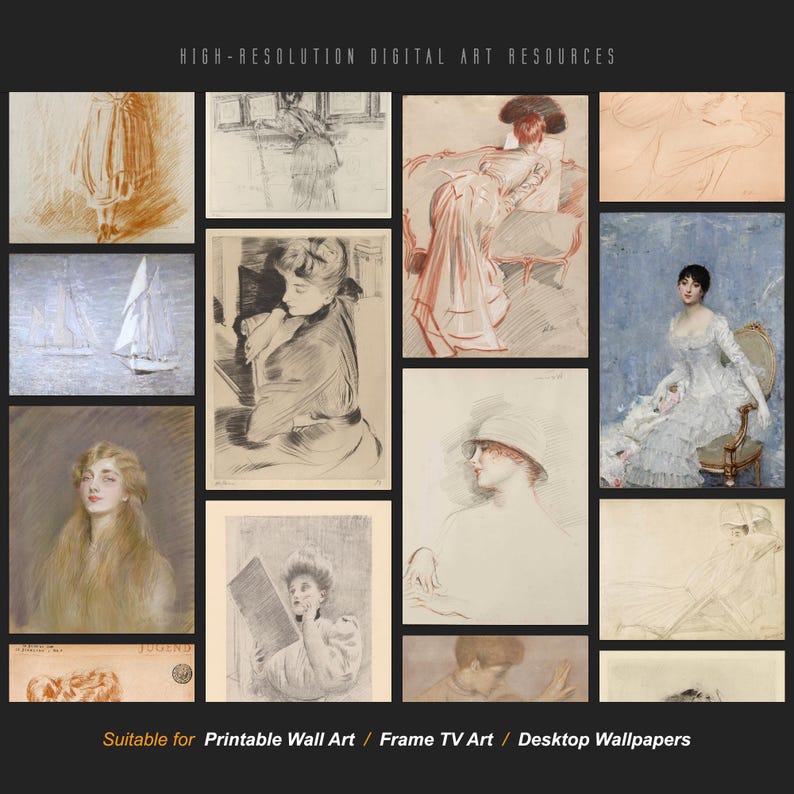 May include: A collection of nine vintage art prints featuring women in various poses and settings. The prints are in black and white and sepia tones, with a variety of textures and styles. The prints are suitable for use as printable wall art, frame TV art, or desktop wallpapers.