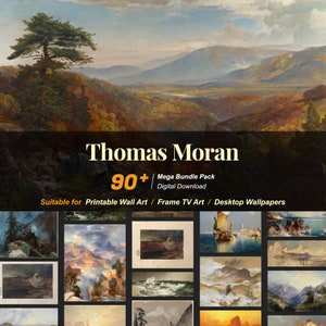 May include: A digital download pack of 90+ paintings by Thomas Moran, featuring landscapes and nature scenes. Suitable for printable wall art, framing, or desktop wallpapers.