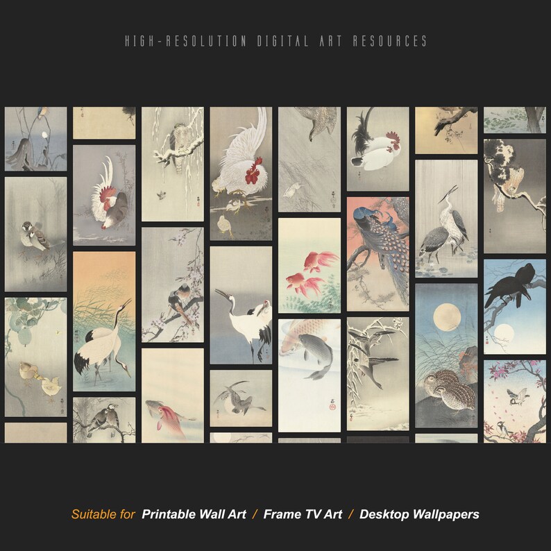 May include: A collection of 24 digital art prints featuring Japanese-inspired illustrations of birds, fish, and flowers. The prints are in a traditional style with muted colors and delicate details.