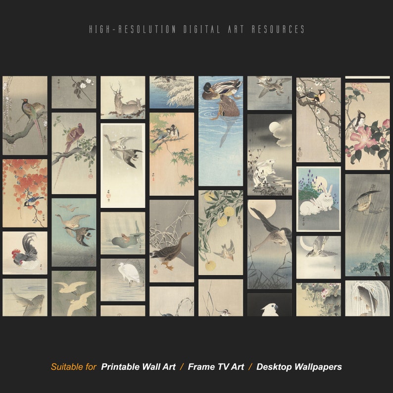 May include: A collection of 25 digital art prints featuring Japanese-inspired illustrations of birds, animals, and nature scenes. The prints are suitable for use as wall art, frame art, or desktop wallpapers.