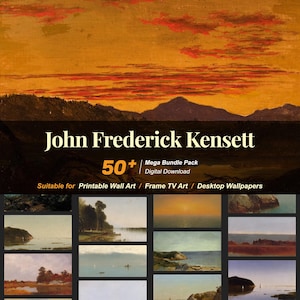 May include: Digital download art bundle featuring the work of John Frederick Kensett. The image showcases a sunset over a mountain range, with the text "John Frederick Kensett" and "50+ Mega Bundle Pack" displayed. Suitable for printable wall art, frame TV art, and desktop wallpapers.