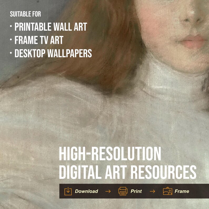 May include: A digital art resource image featuring a close-up of a woman's face with soft, pastel colors. The text "HIGH-RESOLUTION DIGITAL ART RESOURCES" is displayed in a bold, sans-serif font. The image is suitable for printable wall art, framing, and desktop wallpapers.