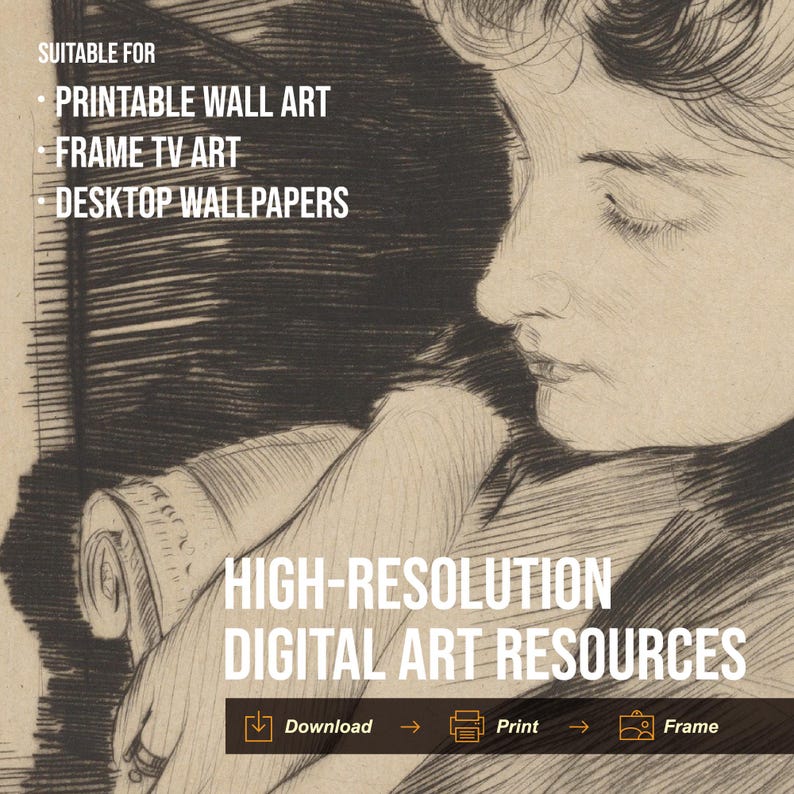 May include: A black and white line drawing of a woman's face. The image is suitable for printable wall art, framing, and desktop wallpapers. High-resolution digital art resources.